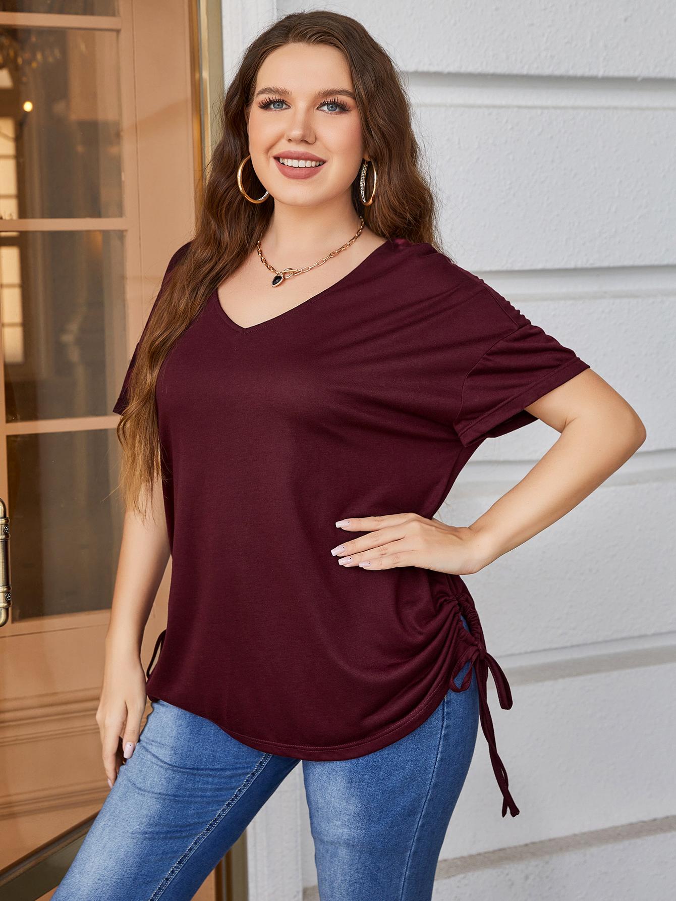 Plus Size V-Neck Short Sleeve Blouse with Drawstring for Casual Wear