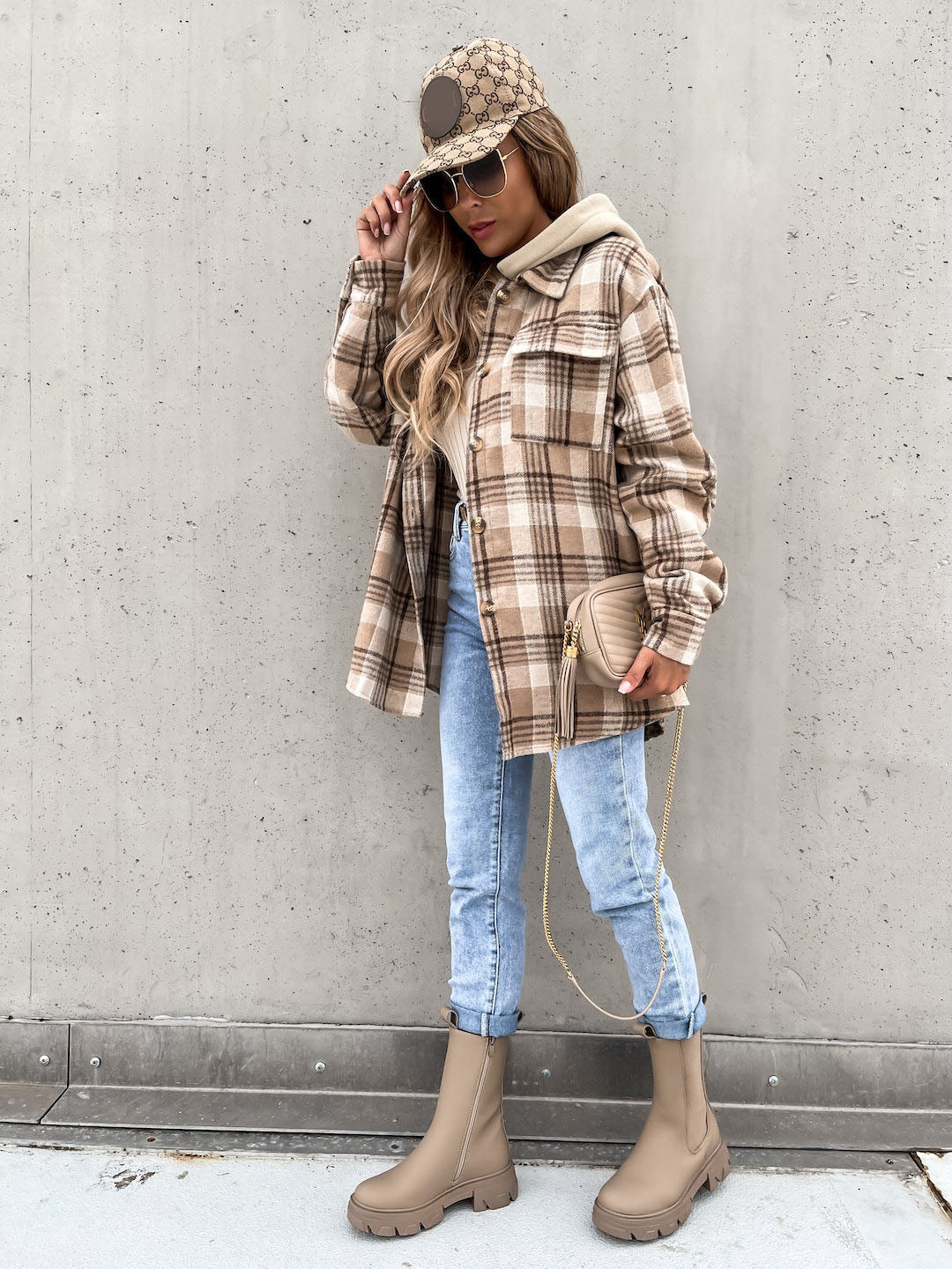 Fashionable Winter Ins Women's Woolen Plaid Hooded Jacket with Detachable Cap and Pocket Design - Stylish Outerwear for OL Commute