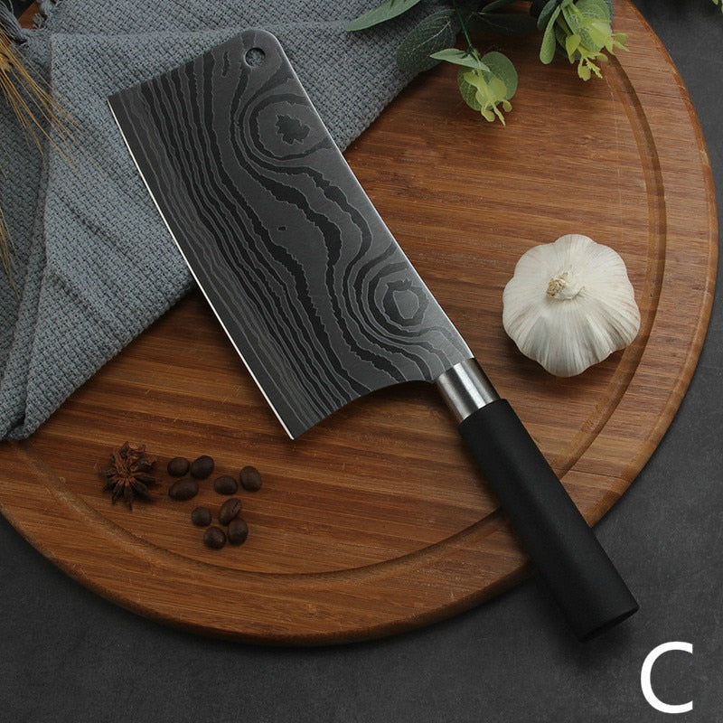 Premium Professional Damascus Laser Pattern Stainless Steel Chef Knife Set for Meat Chopping, Slicing, and Vegetable Cutting in the Kitchen