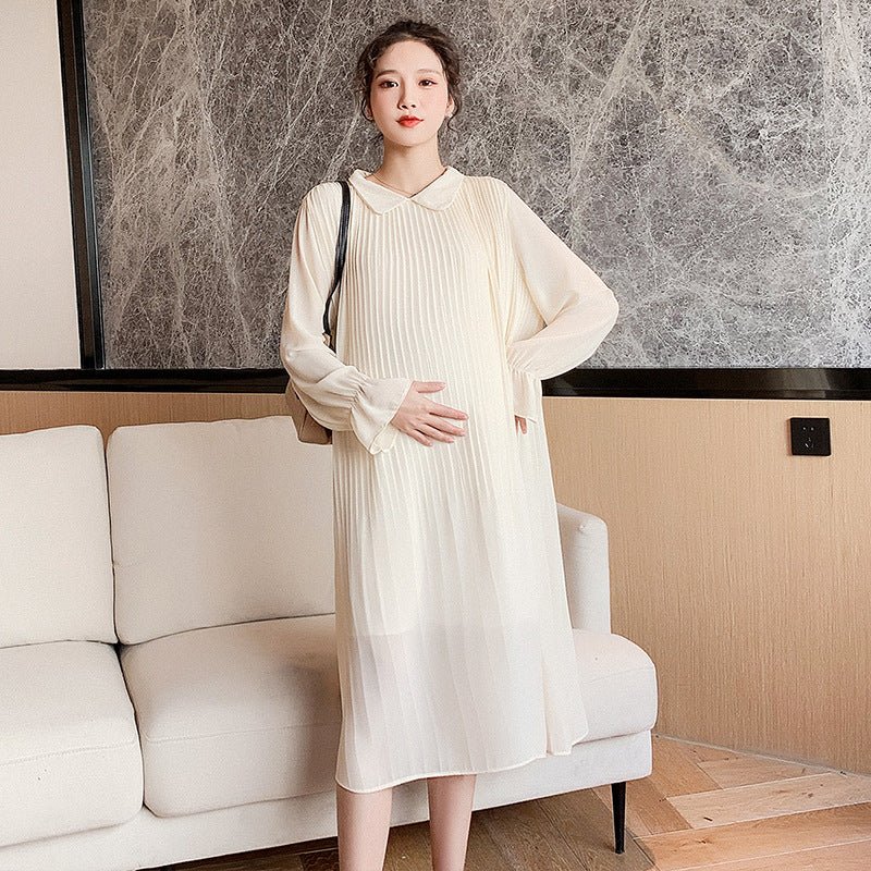 Spring and Summer Loose Long-Sleeved Chiffon Maternity Dress in Solid Color