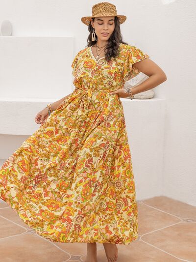 Plus Size V-Neck Printed Flutter Sleeve Tie-Waist Maxi Dress