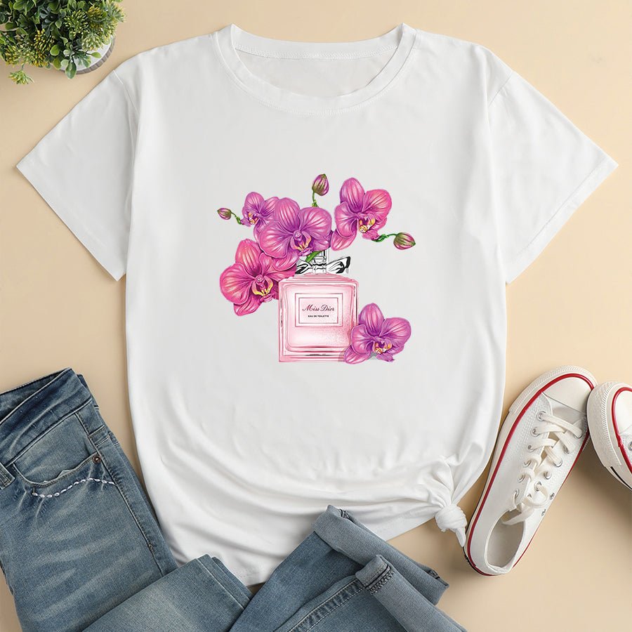 Casual Floral Print Loose Short-Sleeve Cotton Round-Neck T-Shirt