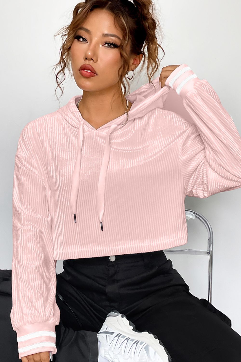Opaque Drawstring Long Sleeve Drop Shoulder Hoodie
