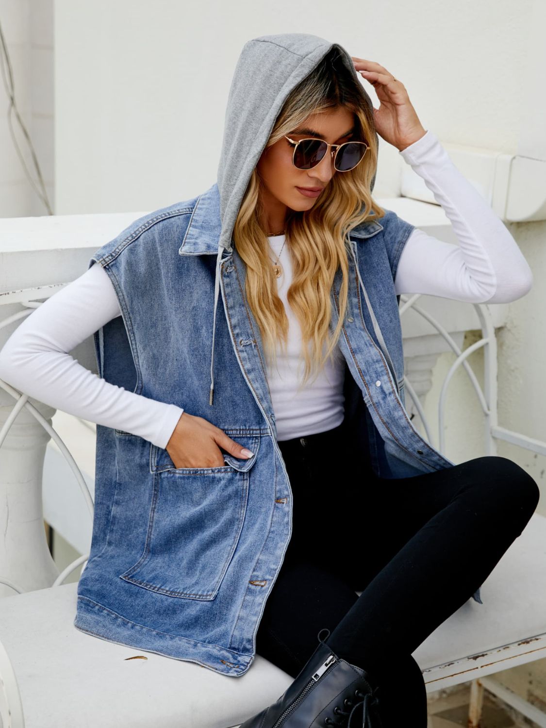 Long Hooded Sleeveless Denim Top with Functional Pockets