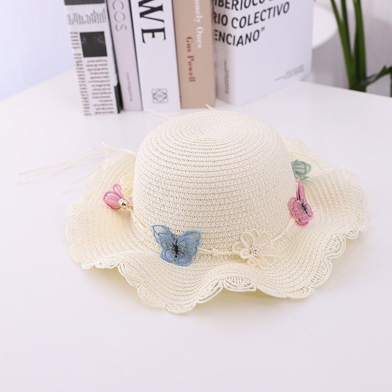 Girls' Summer Straw Hat with Butterfly Pattern and Matching Accessory Bag (Sold Individually)