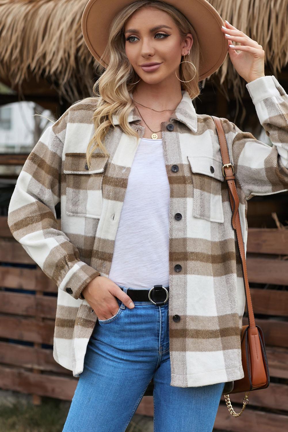 Casual Plaid Dropped Shoulder Pocket Buttoned Shacket for Everyday Wear