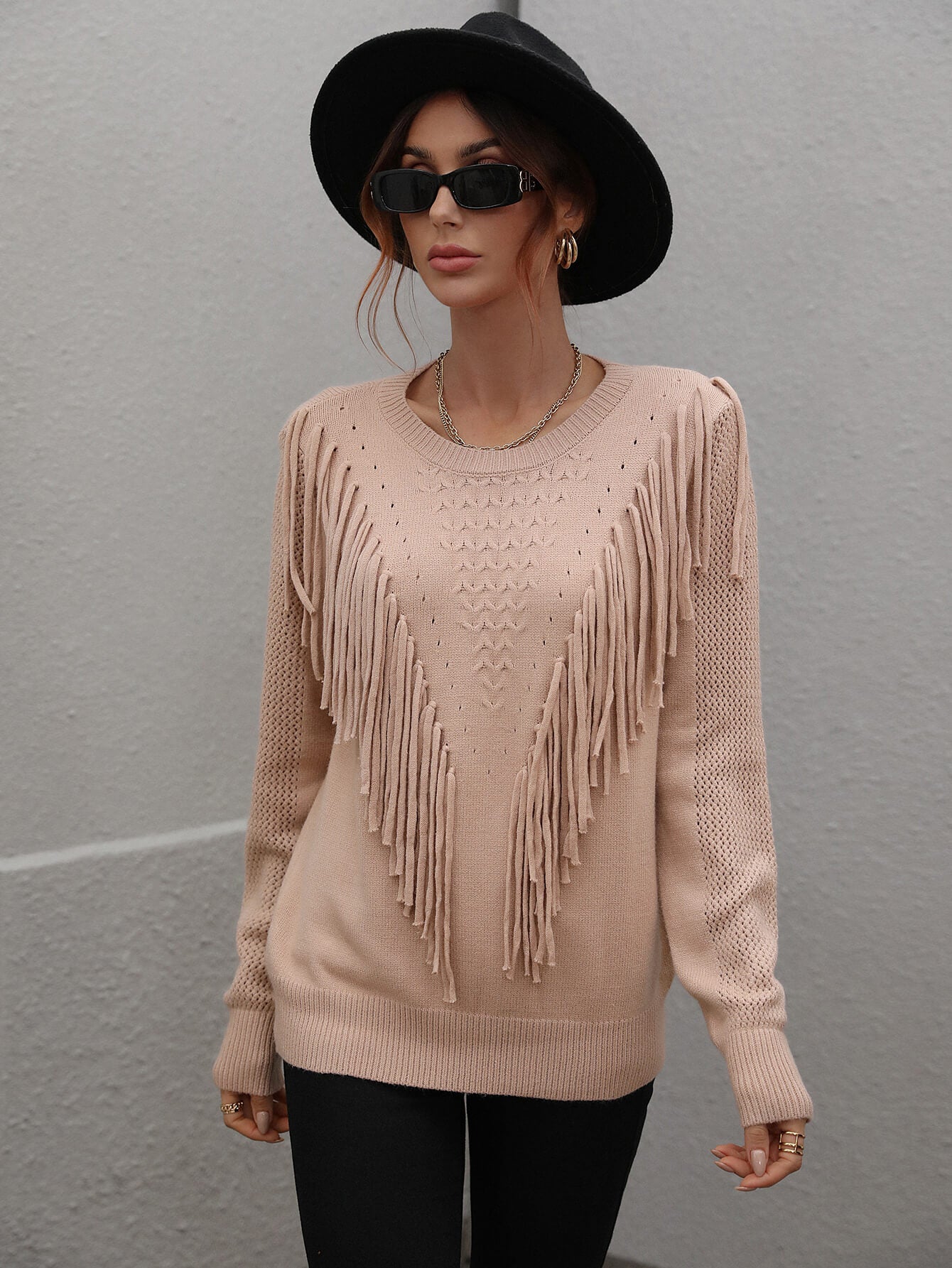 Casual Women's Fringe-Detailed Ribbed Trim Sweater for Regular Sizing
