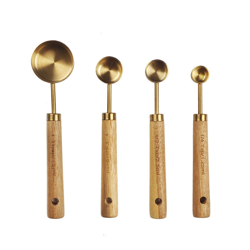 Eco-Friendly Wooden Handle Stainless Steel Measuring Spoon Set for Kitchen, Baking & Bartending