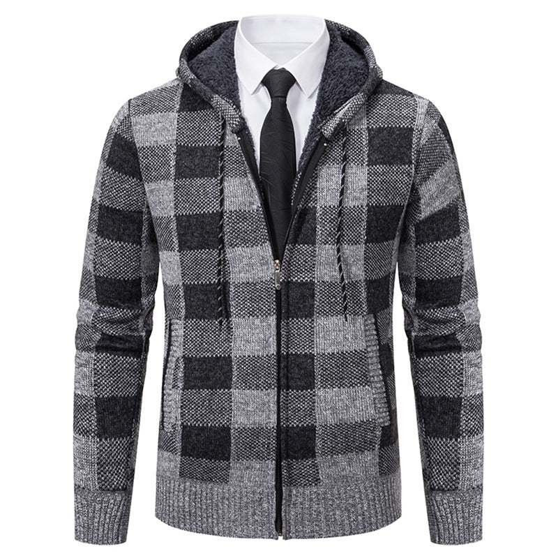 Men's Warm Plaid Thickened Cardigan Sweater Coat