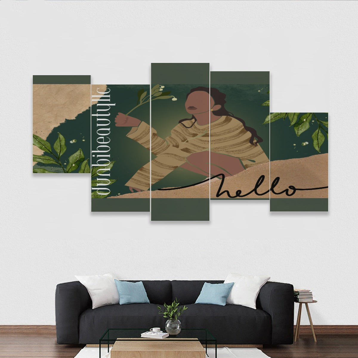Dunbi-Designed Five-piece Framed Murals of Graceful Black Woman with Flowers in Green