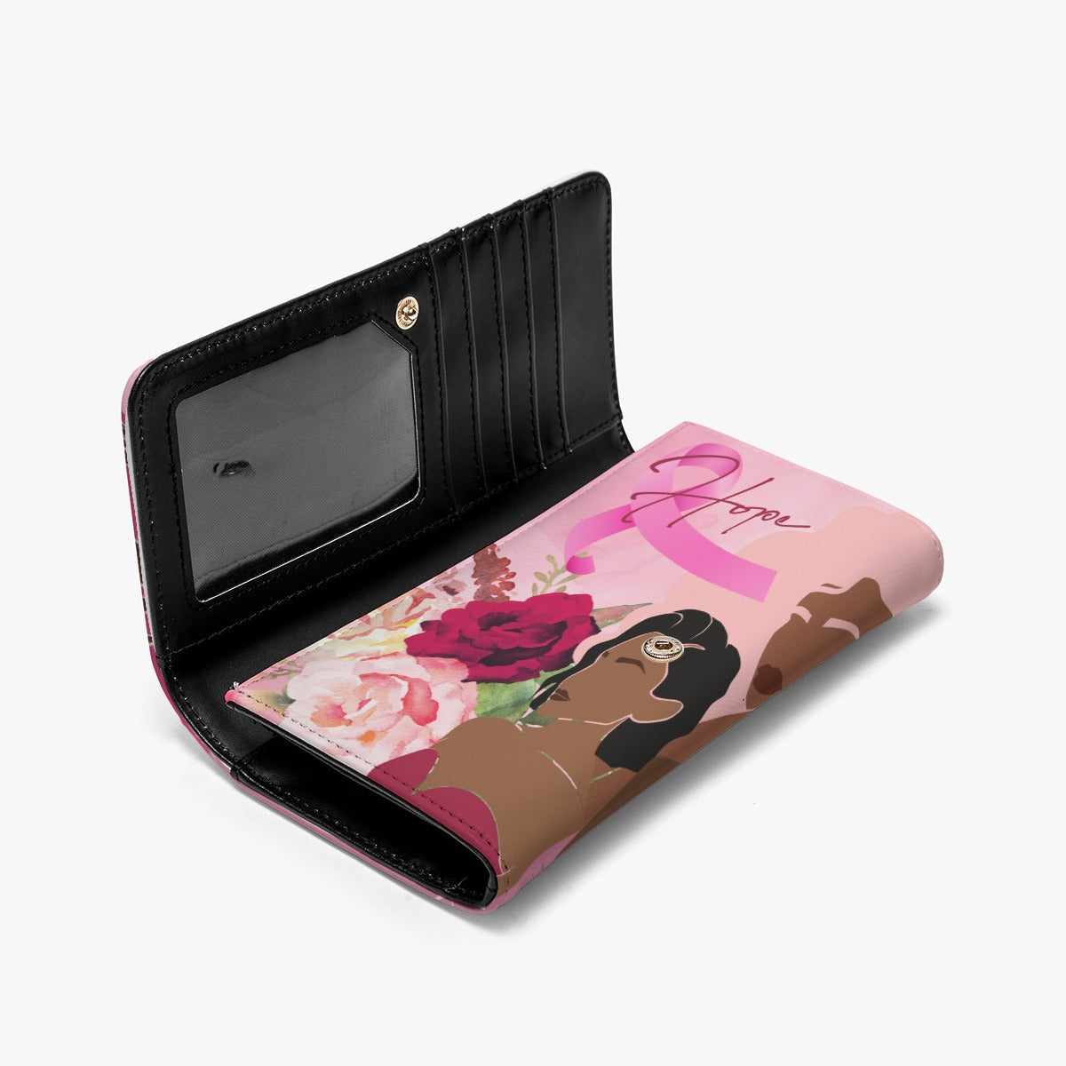Foldable Women's Wallet with Unity, Hope, Pink, Hot Pink, Burgundy, Roses Design for Breast Cancer Awareness, Featuring Black, Hispanic, White Color Schemes and Smooth Hair Texture (Designed by Dunbi)