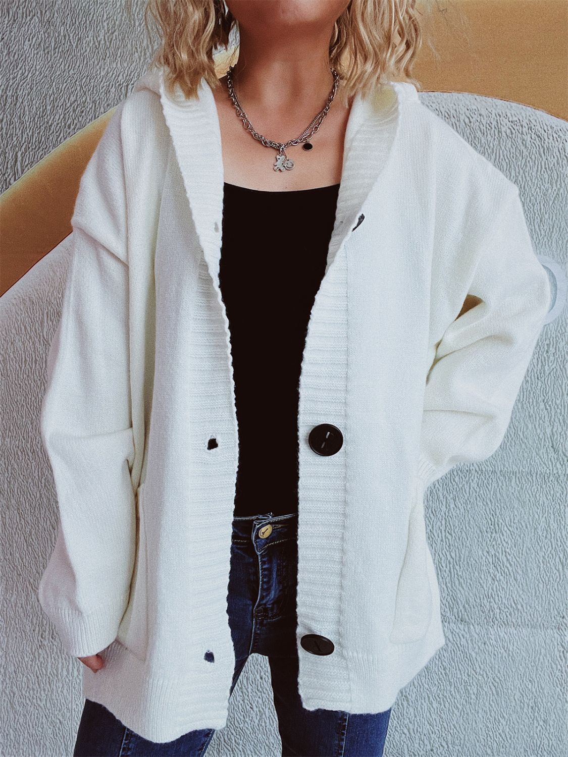 Casual Dropped Shoulder Long Sleeve Buttoned Pocketed Hooded Cardigan for Everyday Wear