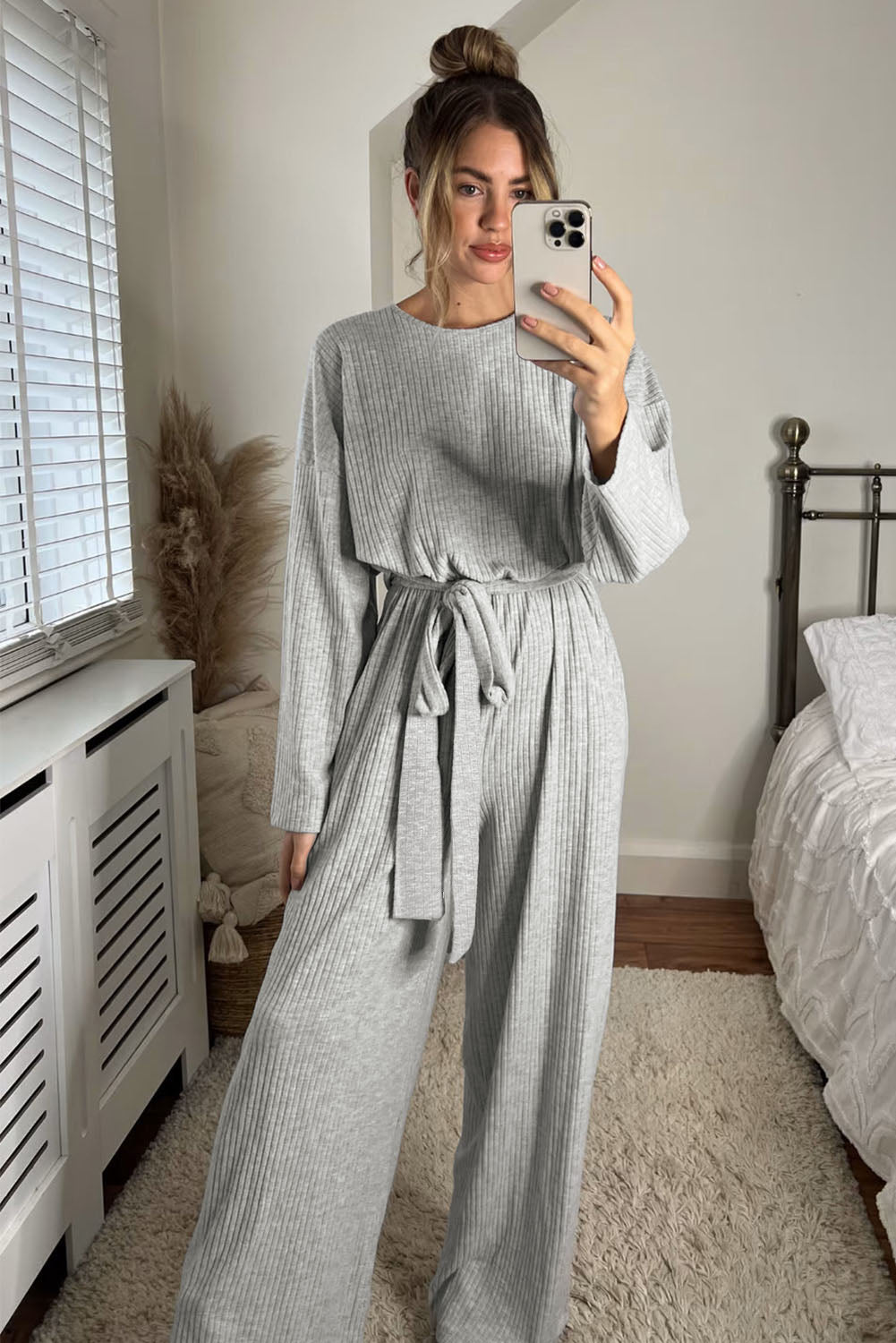 Stylish Long-Sleeved Round Neck Casual Jumpsuit with Tied Design