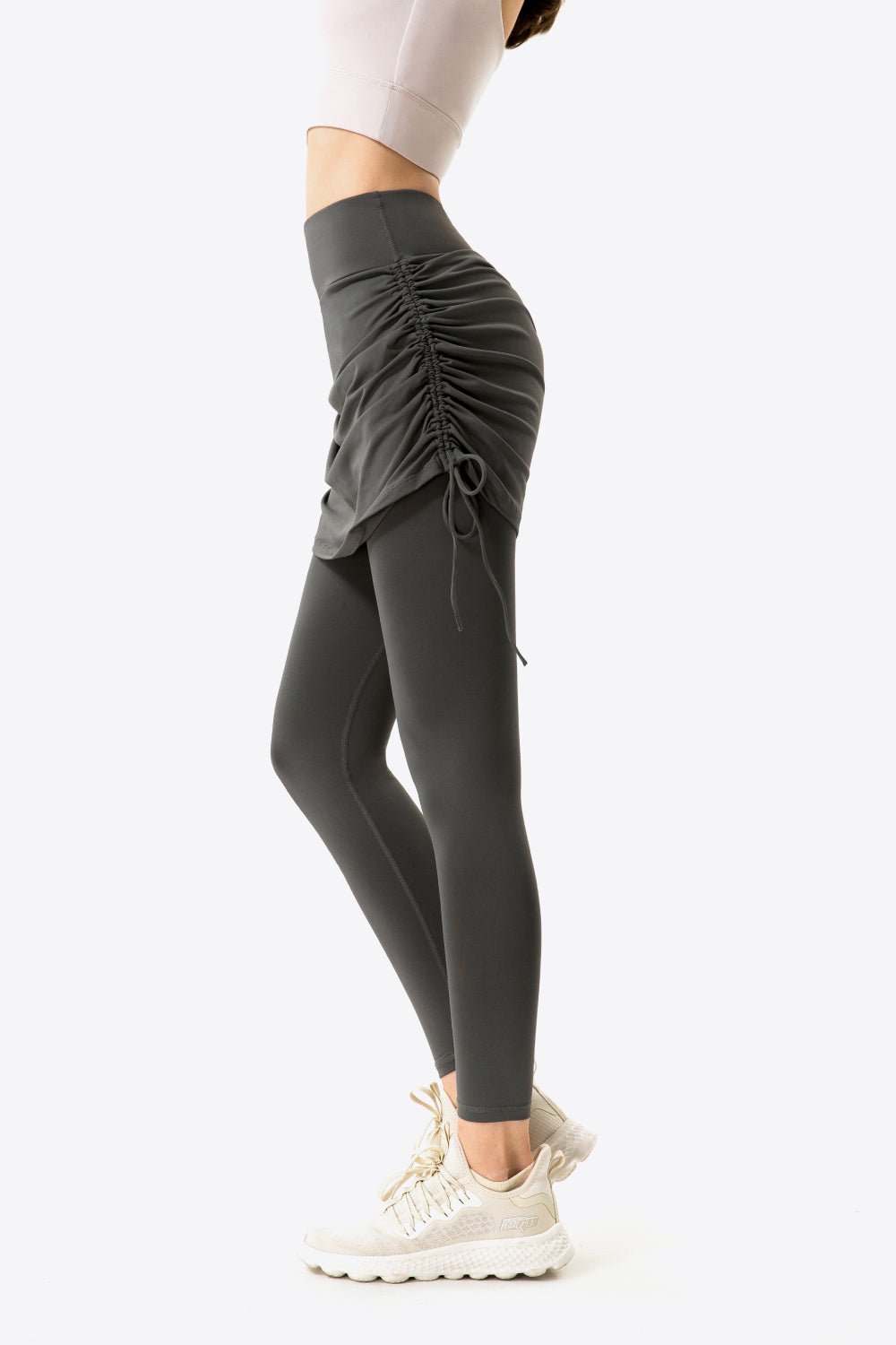 Soft and Breathable Drawstring Ruched Faux Layered Stretch Yoga Leggings