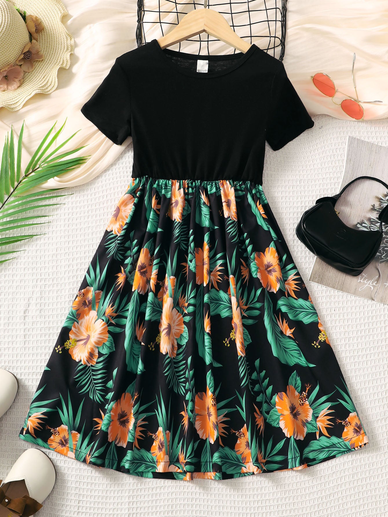 Casual Floral Women's Round Neck Short Sleeve Long Dress