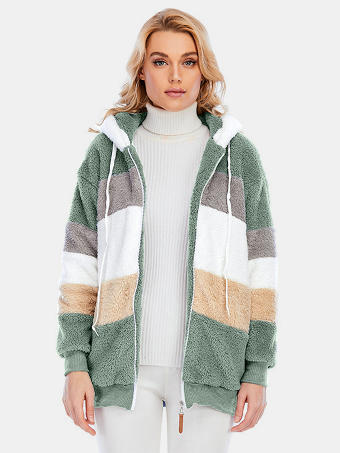 Full-Size, Drawstring, Color-Blocked, Zip-Up Hooded Outerwear for Everyday Wear