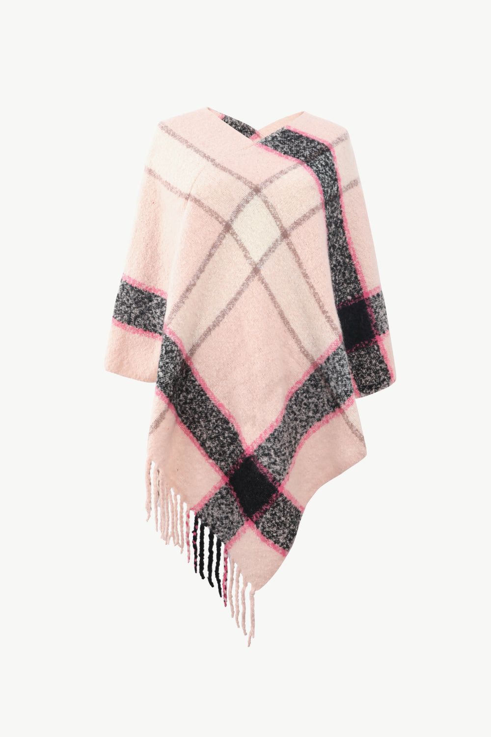 Stylish Plaid Poncho with Fringe Detailing