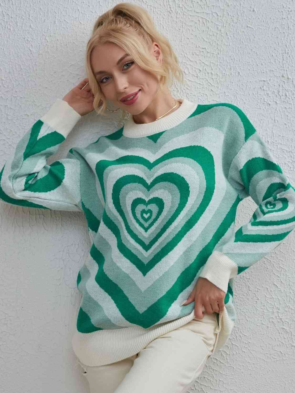 Long Printed Heart Casual Dropped Shoulder Sweater with Moderate Stretch