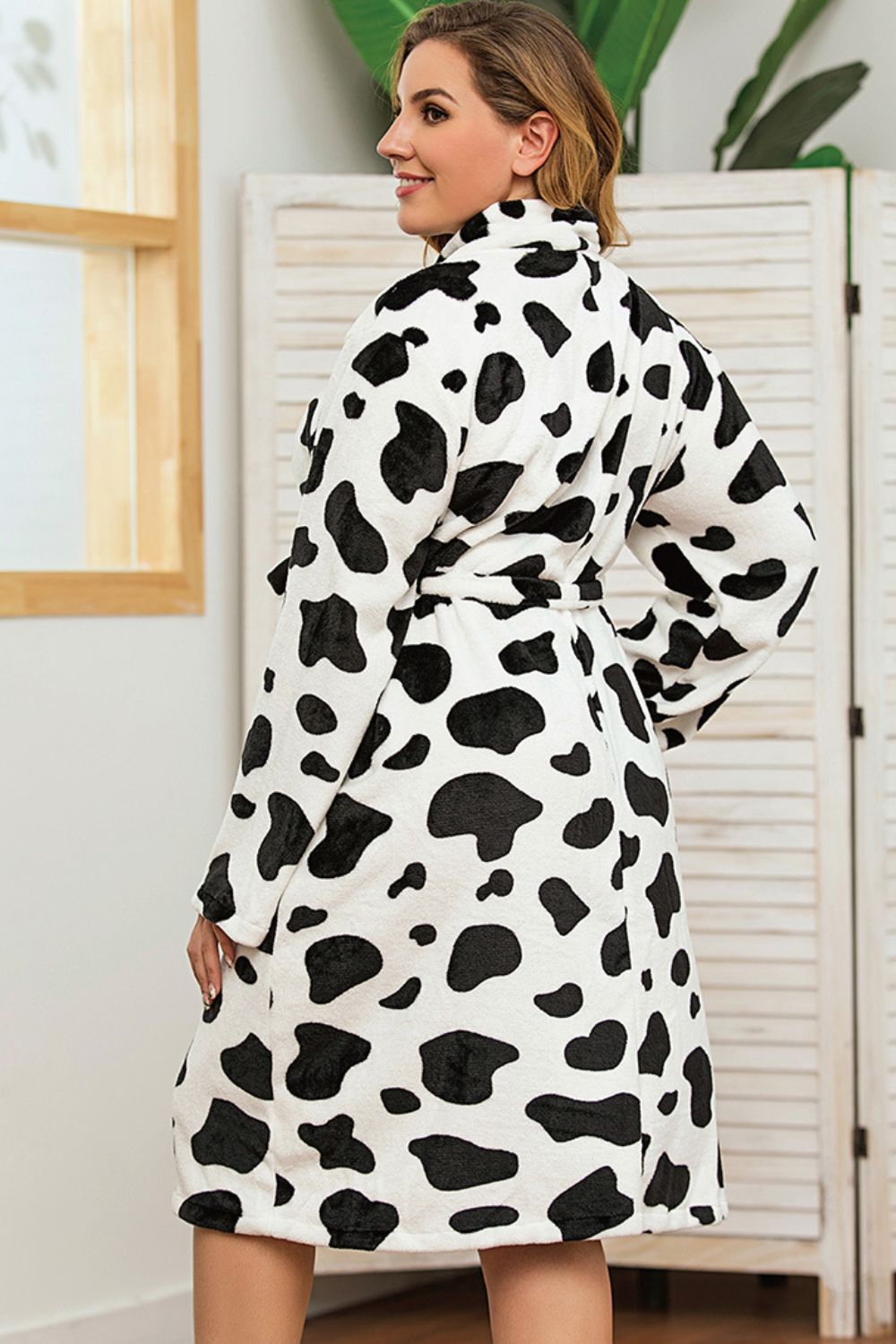 Plus Size Printed Tie-Waist Robe with Pocket - Polka Dot & Animal Print