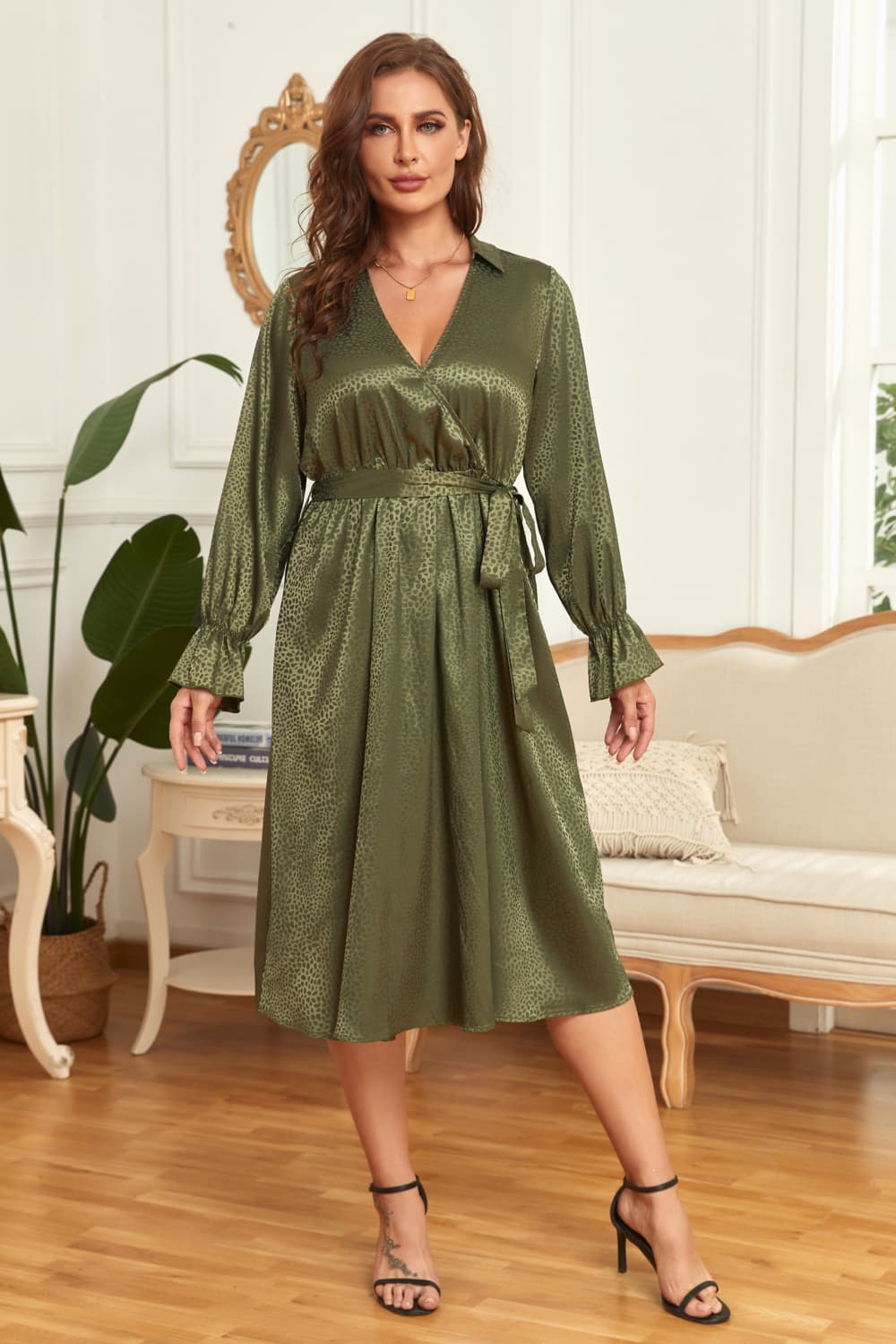 Plus Size Women's Surplice Neck Tie Belted Flounce Sleeve Mid-Length Casual Dress