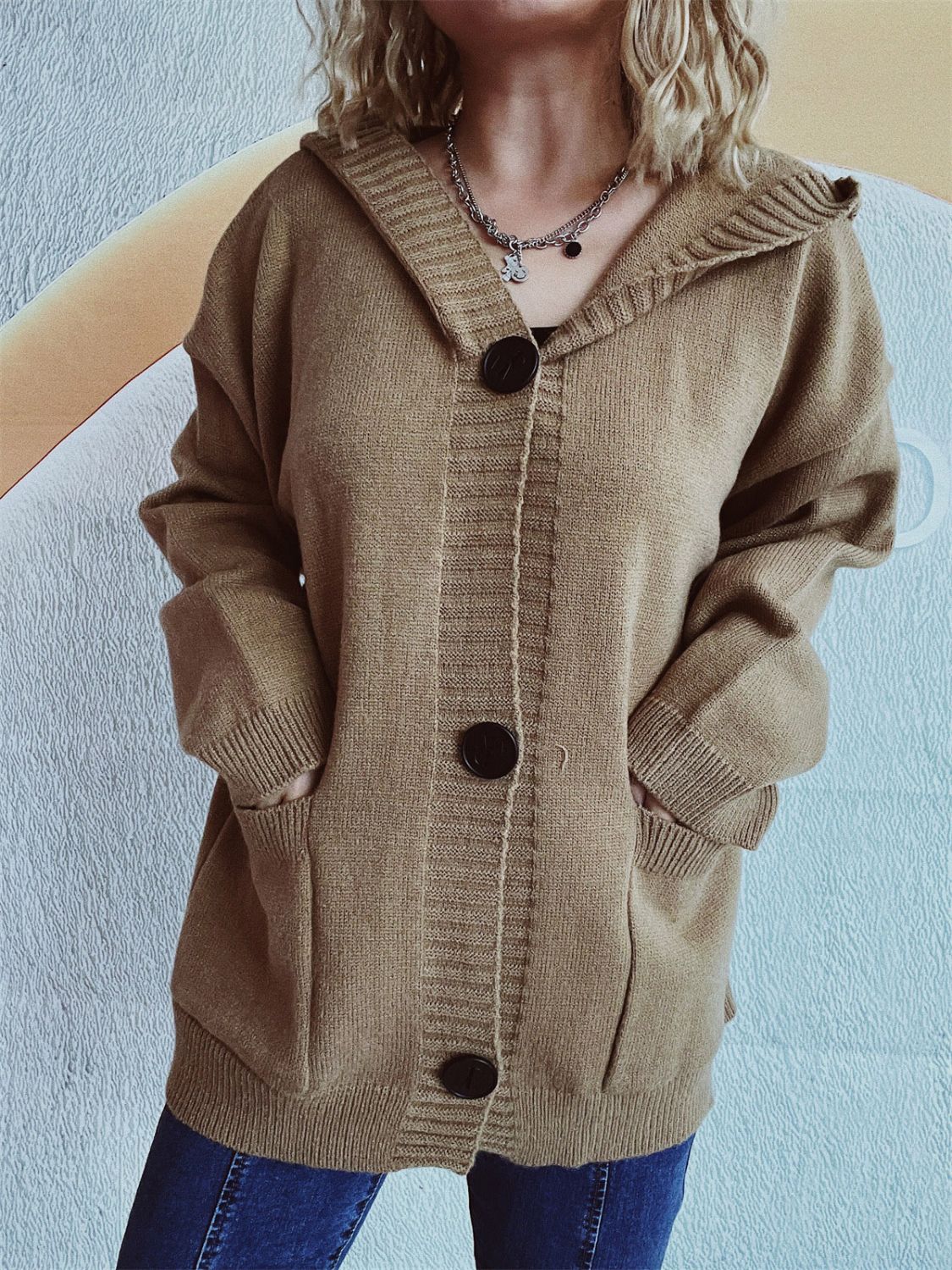 Casual Dropped Shoulder Long Sleeve Buttoned Pocketed Hooded Cardigan for Everyday Wear