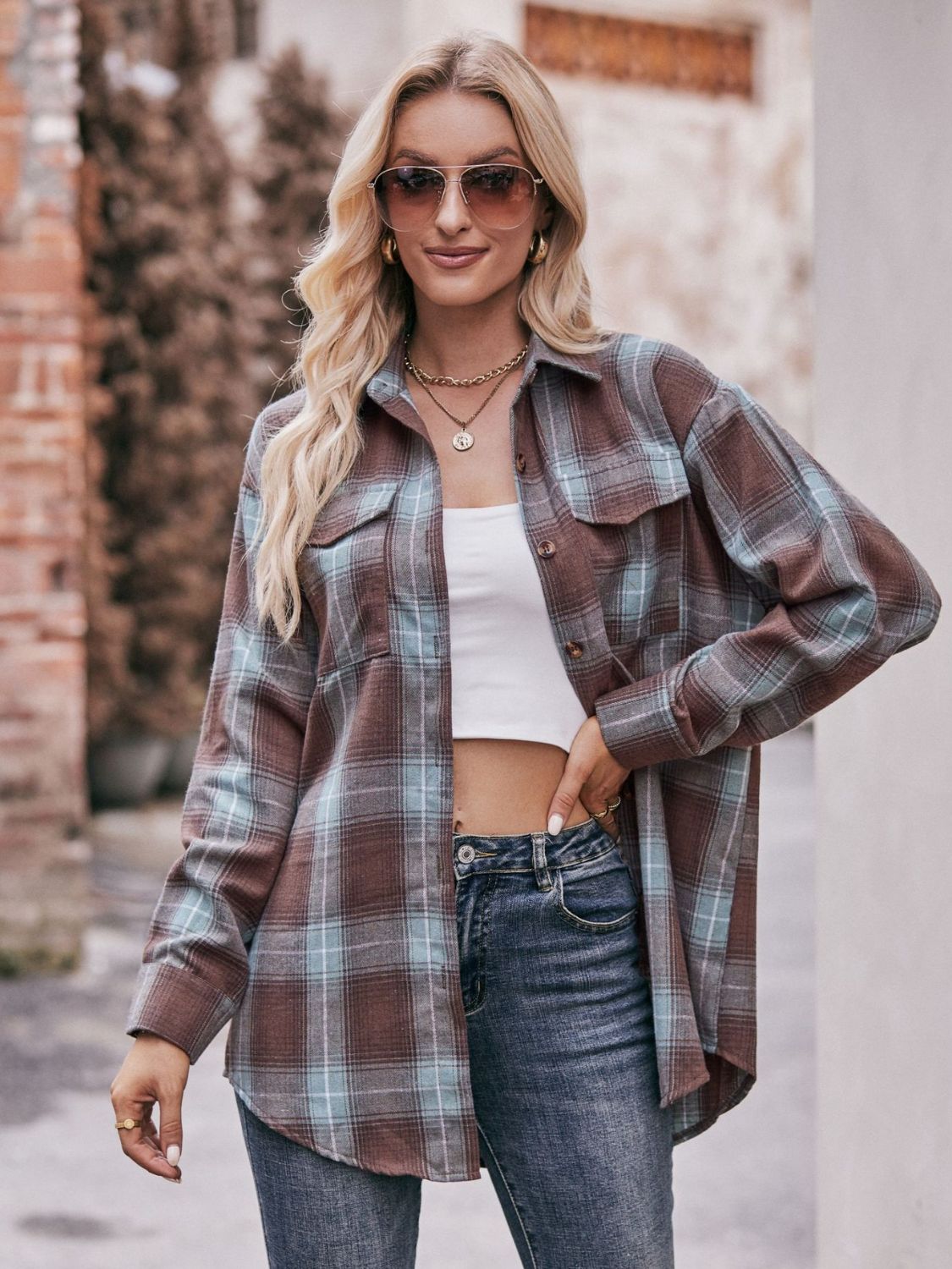 Oversized Plaid Longline Shirt with Dropped Shoulders