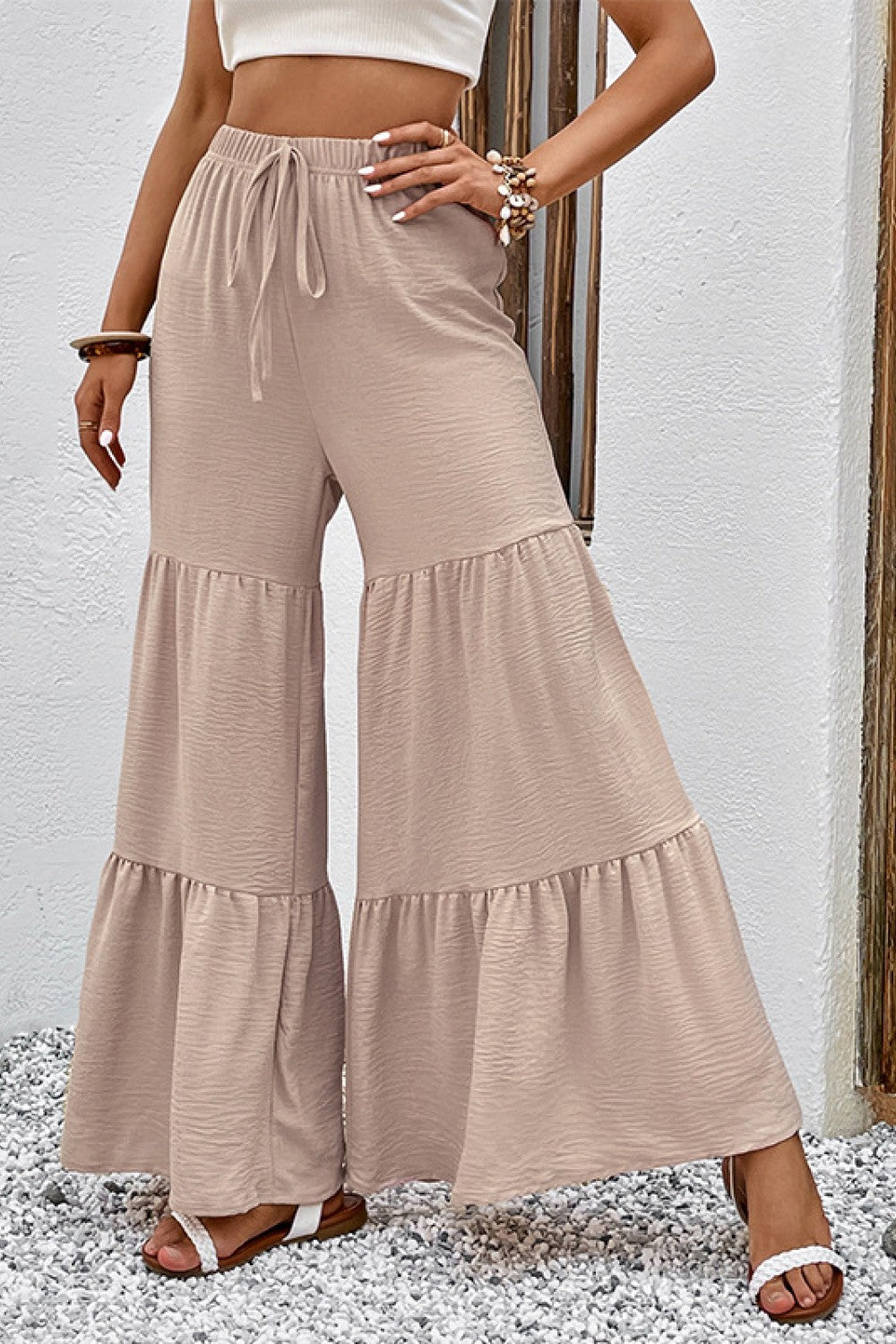 Long Flare Tiered Culottes with Drawstring Waist