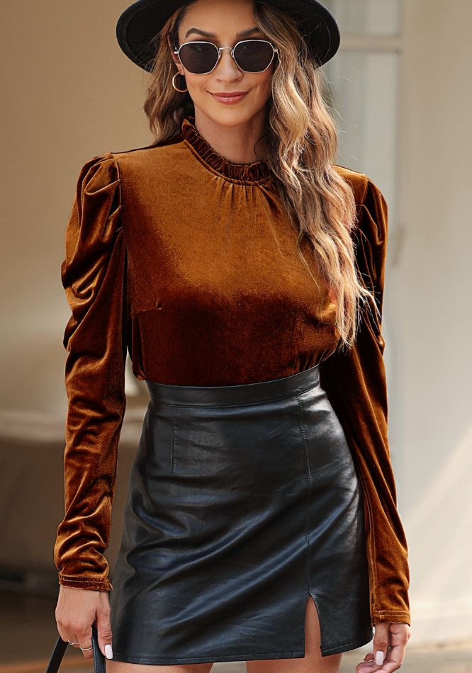 Fashionable Frilled Mock - Neck Puff - Sleeve Women's Blouse