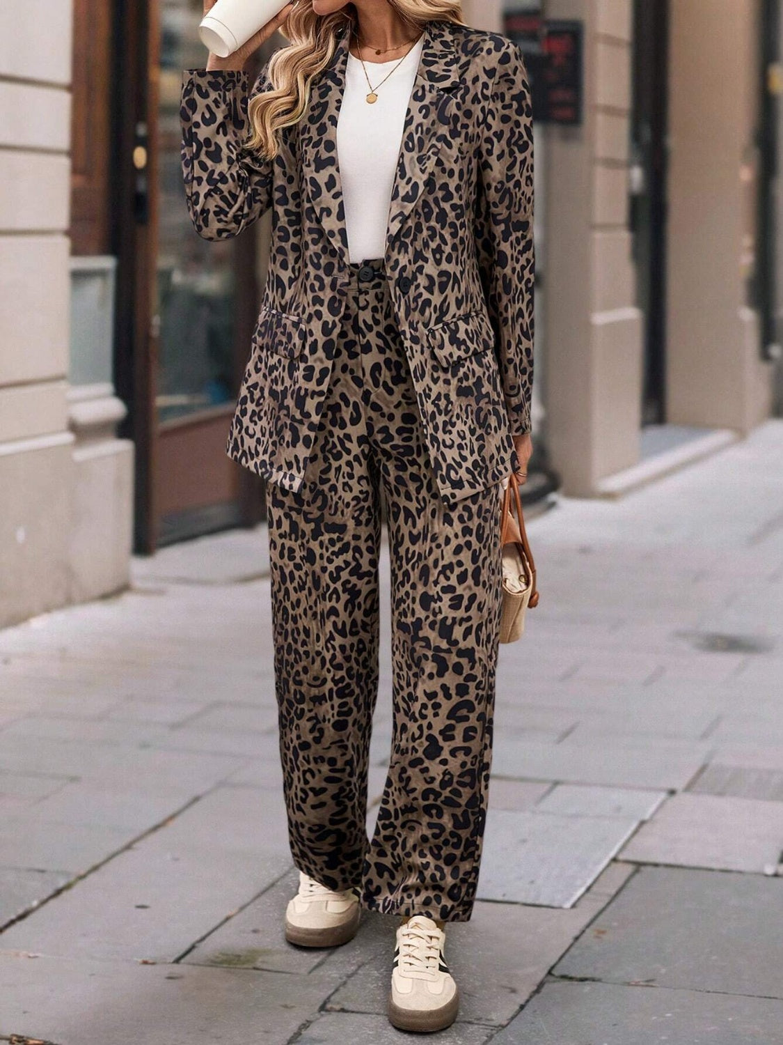 Full-Size Leopard Print Long Sleeve Lapel Collar Blazer and Pants Two-Piece Set