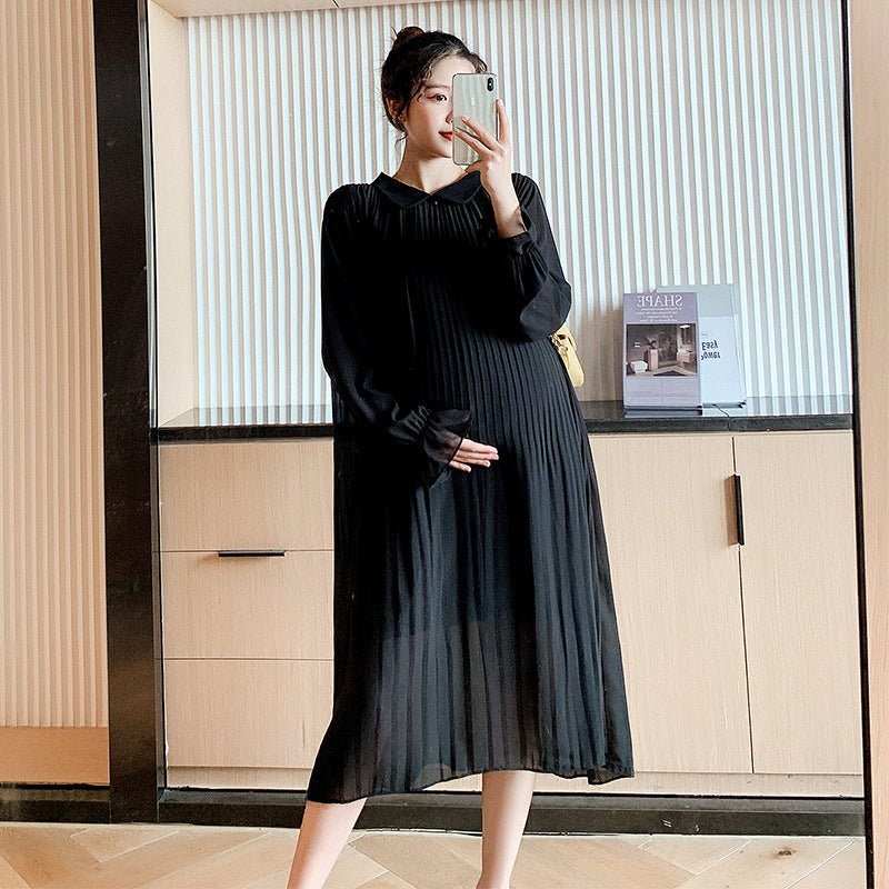 Spring and Summer Loose Long-Sleeved Chiffon Maternity Dress in Solid Color