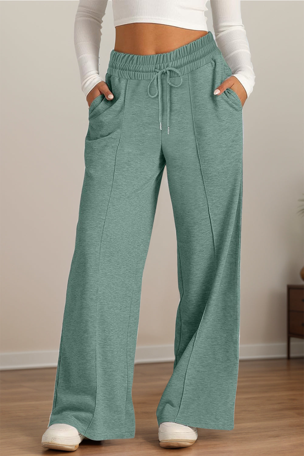 Fashionable Drawstring Elastic Waist Wide Leg Polyester Pants for Comfortable Wear
