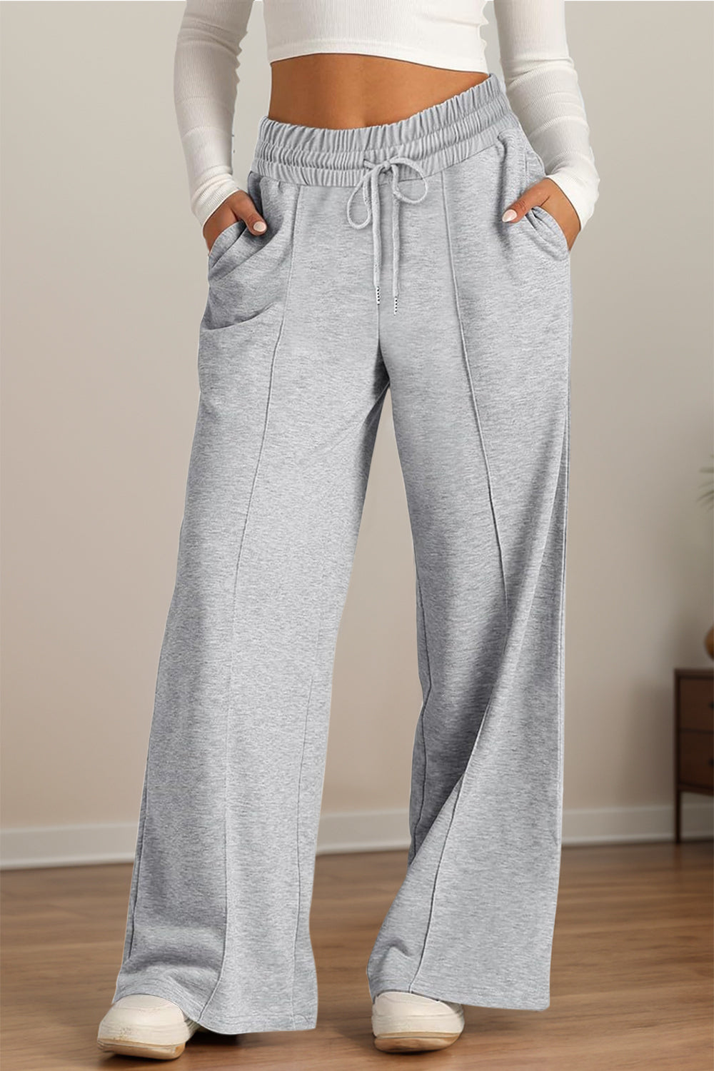 Fashionable Drawstring Elastic Waist Wide Leg Polyester Pants for Comfortable Wear