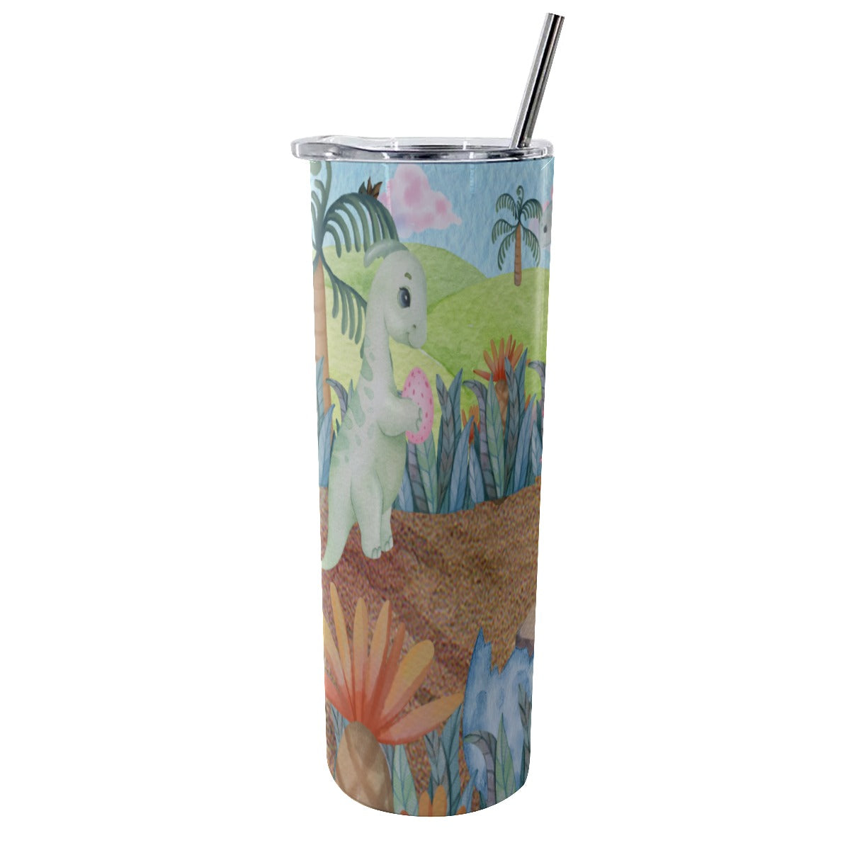 20oz Glittery Stainless Steel Tumbler with Watercolor Prehistoric Dinosaur Designs and a Stainless Steel Straw (Designed by Dunbi), Featuring Dinosaurs like Triceratops, Parasaurolophus, Pterodactyl, Diplodocus, Volcano, Grass, and Dino Eggs