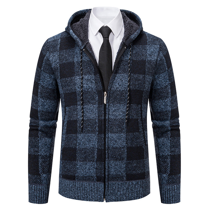 Men's Warm Plaid Thickened Cardigan Sweater Coat
