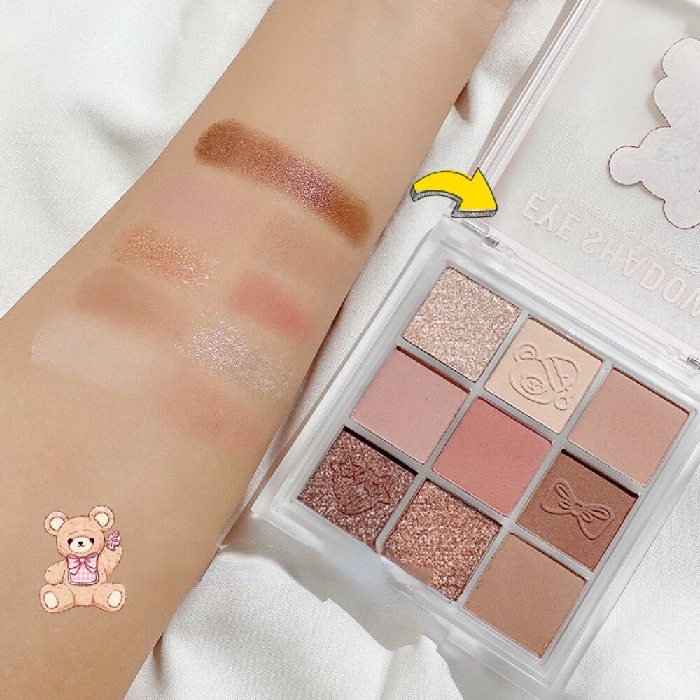Magic Bear 9-Color Eyeshadow Palette with Pearlescent and Matte Textures, Ideal for Beginners, Delicate and Easy-to-Apply for Lasting and Natural Eye Makeup