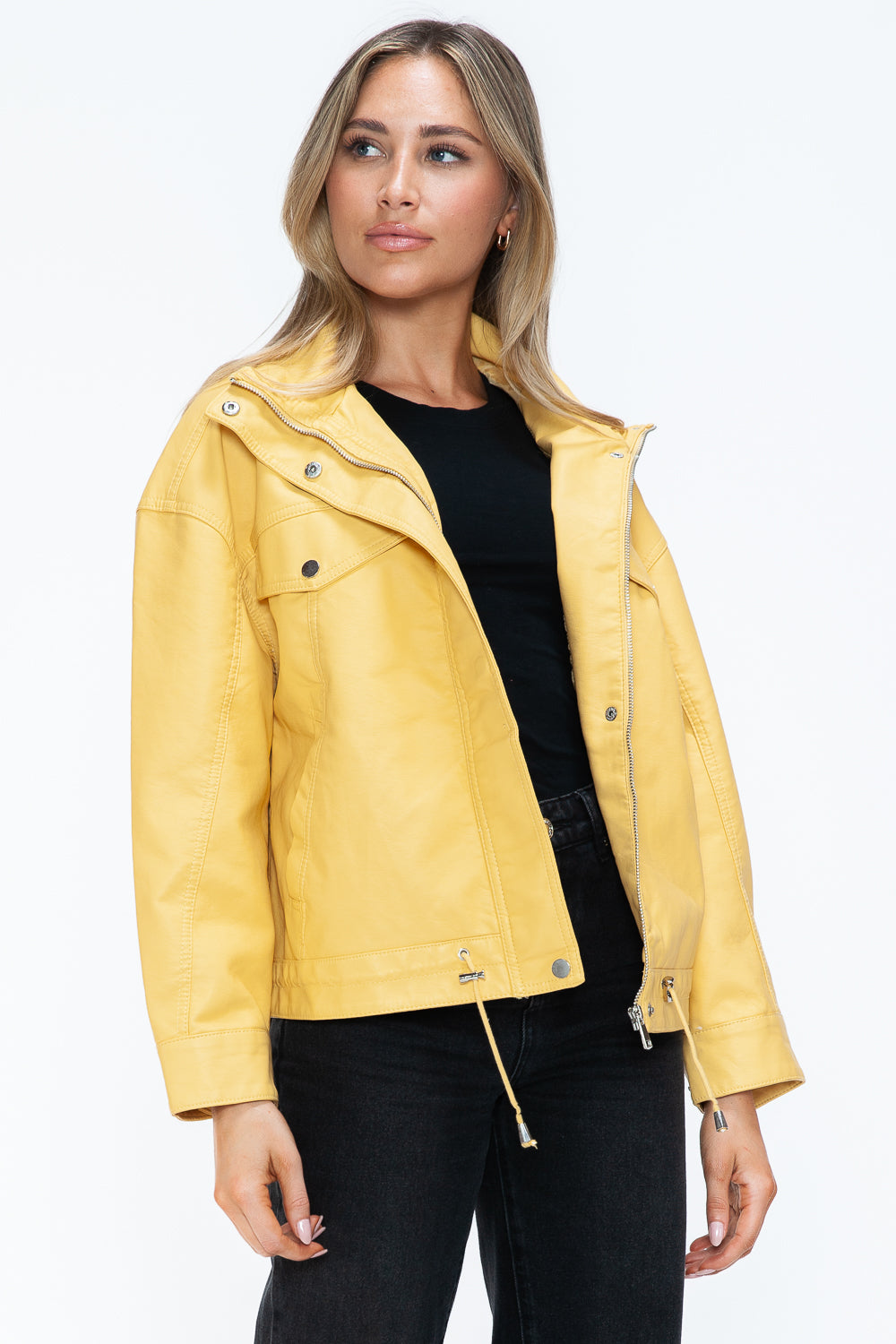 Stylish PU Leather Zip - Up Jacket with Adjustable Drawstring Hem