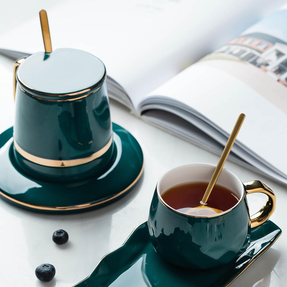 MDZF SWEET HOME European-Style Handpainted Green Ceramic Coffee Cup Set with Mat, Lid, Spoon - Ideal Milk Cup and Breakfast Tableware Set, Perfect for Couple Mugs and Birthday Gift Boxes