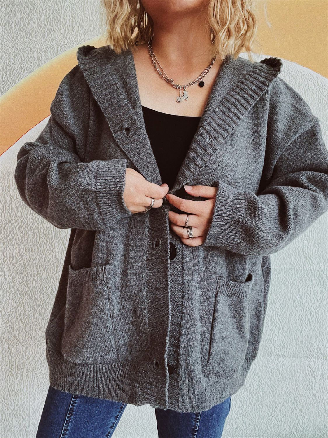 Casual Dropped Shoulder Long Sleeve Buttoned Pocketed Hooded Cardigan for Everyday Wear