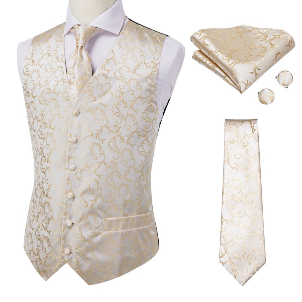 Hi-Tie Men's 4-Piece Luxury Silk Vest, Tie, Handkerchief & Cufflinks Set