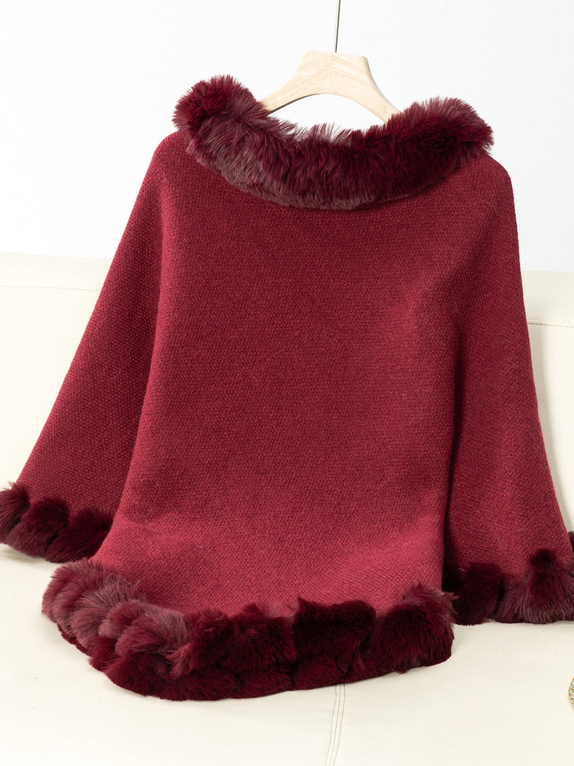 Fashionable Three-Quarter Sleeve Poncho with Fuzzy Trim Texture