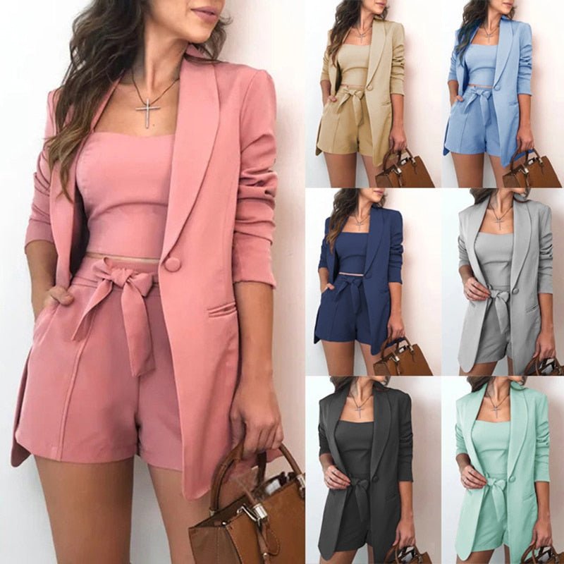 Stylish Women's Long-Sleeve Formal Blazer Three-Piece Set
