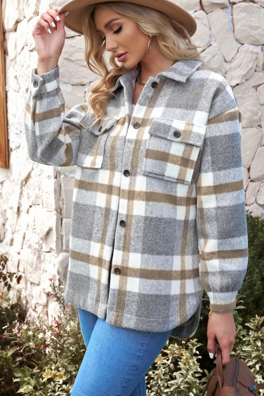 Casual Plaid Dropped Shoulder Pocket Buttoned Shacket for Everyday Wear