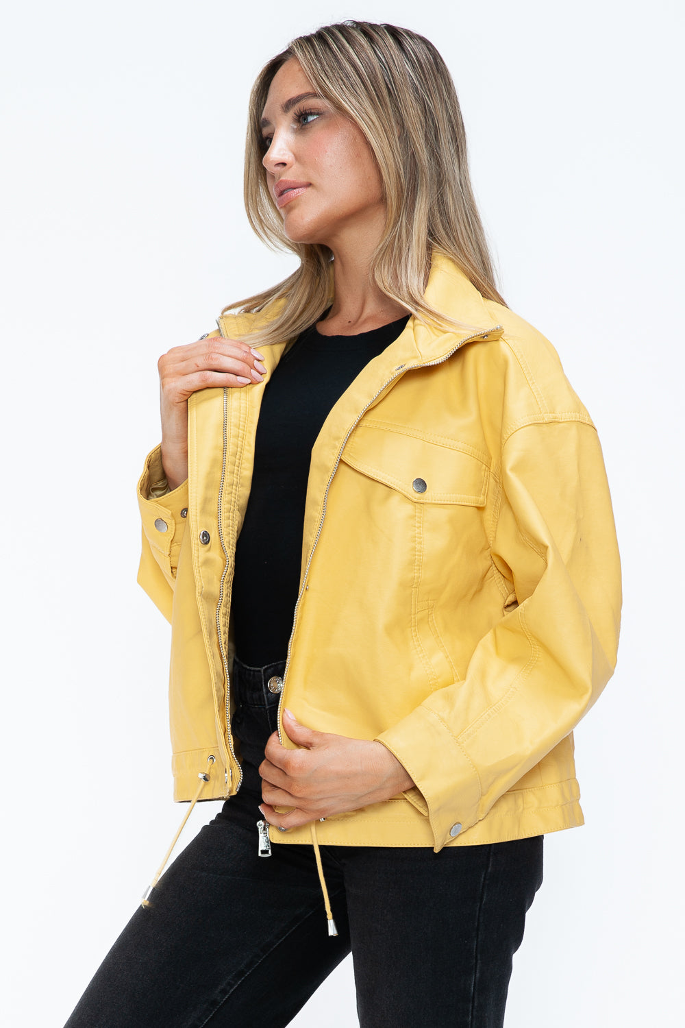 Stylish PU Leather Zip - Up Jacket with Adjustable Drawstring Hem