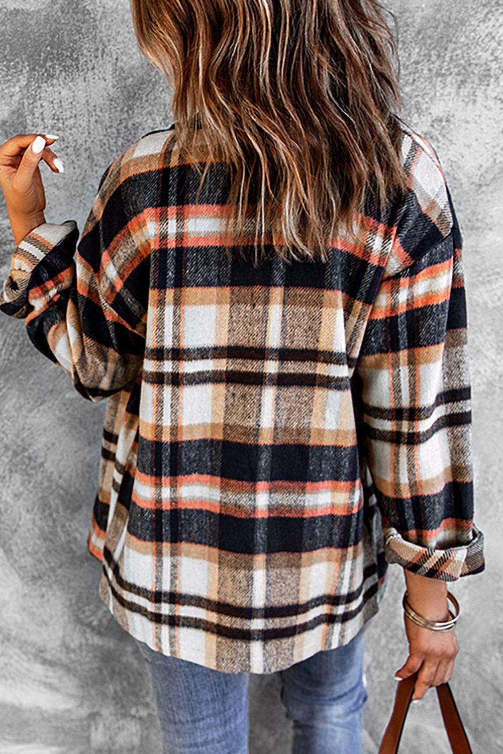 Stylish Plaid Button-Front Casual Shirt Jacket with Functional Breast Pockets