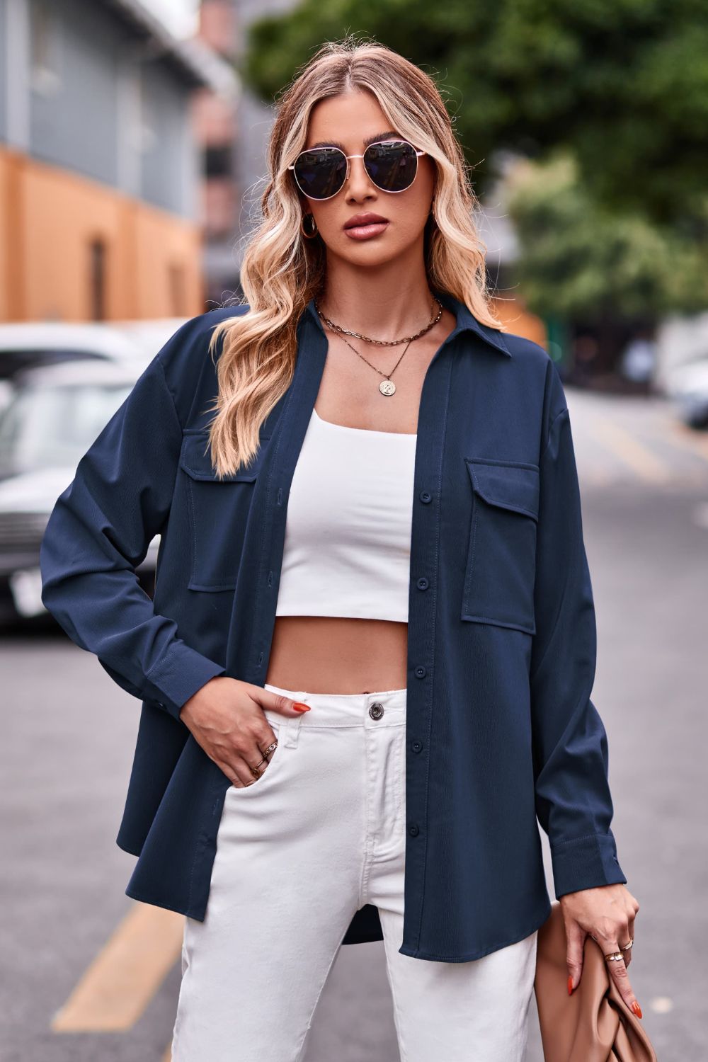 Casual Longline Dropped Shoulder Shirt with Functional Pockets