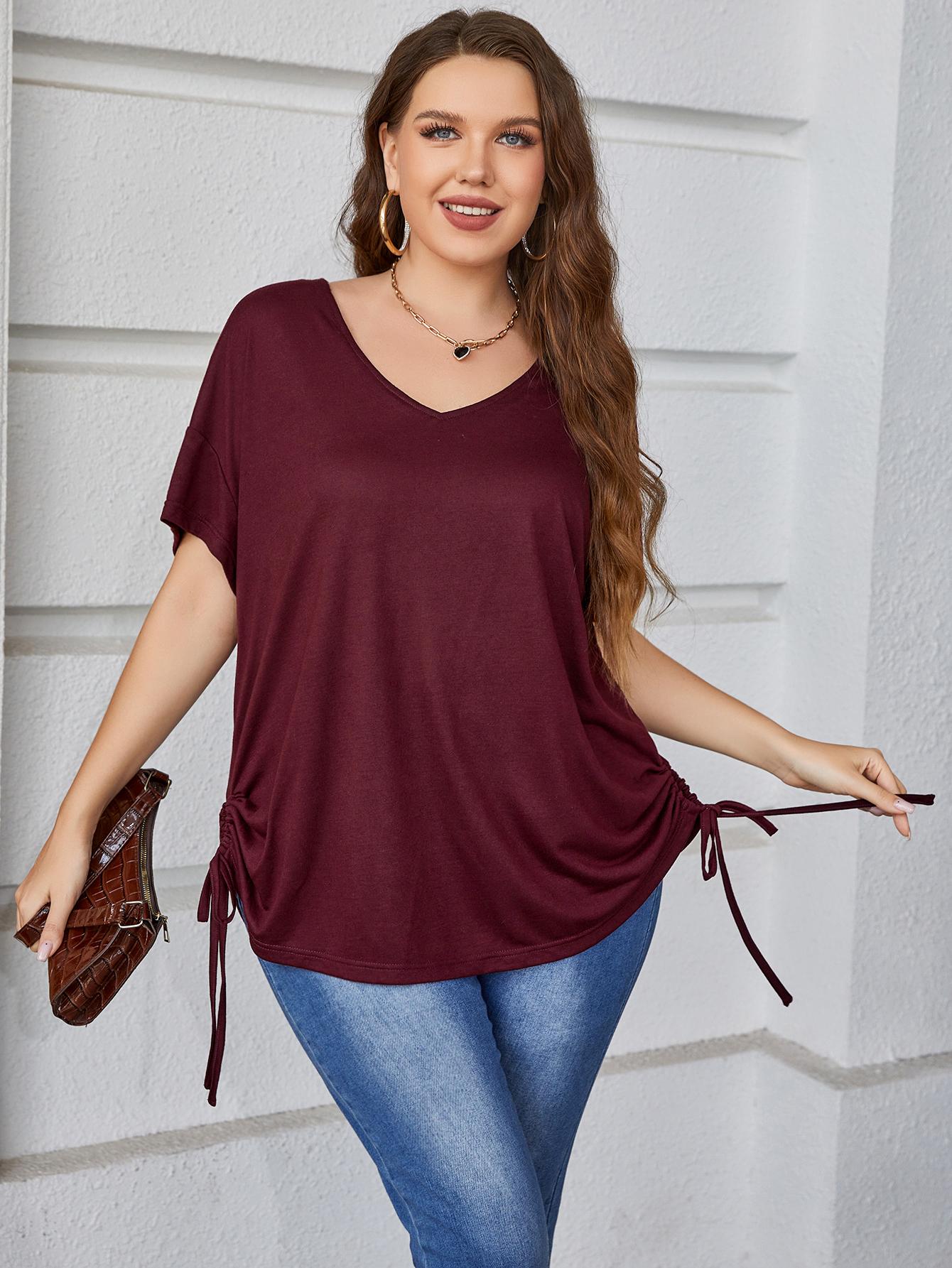 Plus Size V-Neck Short Sleeve Blouse with Drawstring for Casual Wear