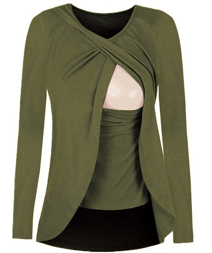 European Maternity Cotton Solid Color Round Neck Uncoverable Feeding Blouse for Pregnant Women - All-Match Leisure Shirt 8962