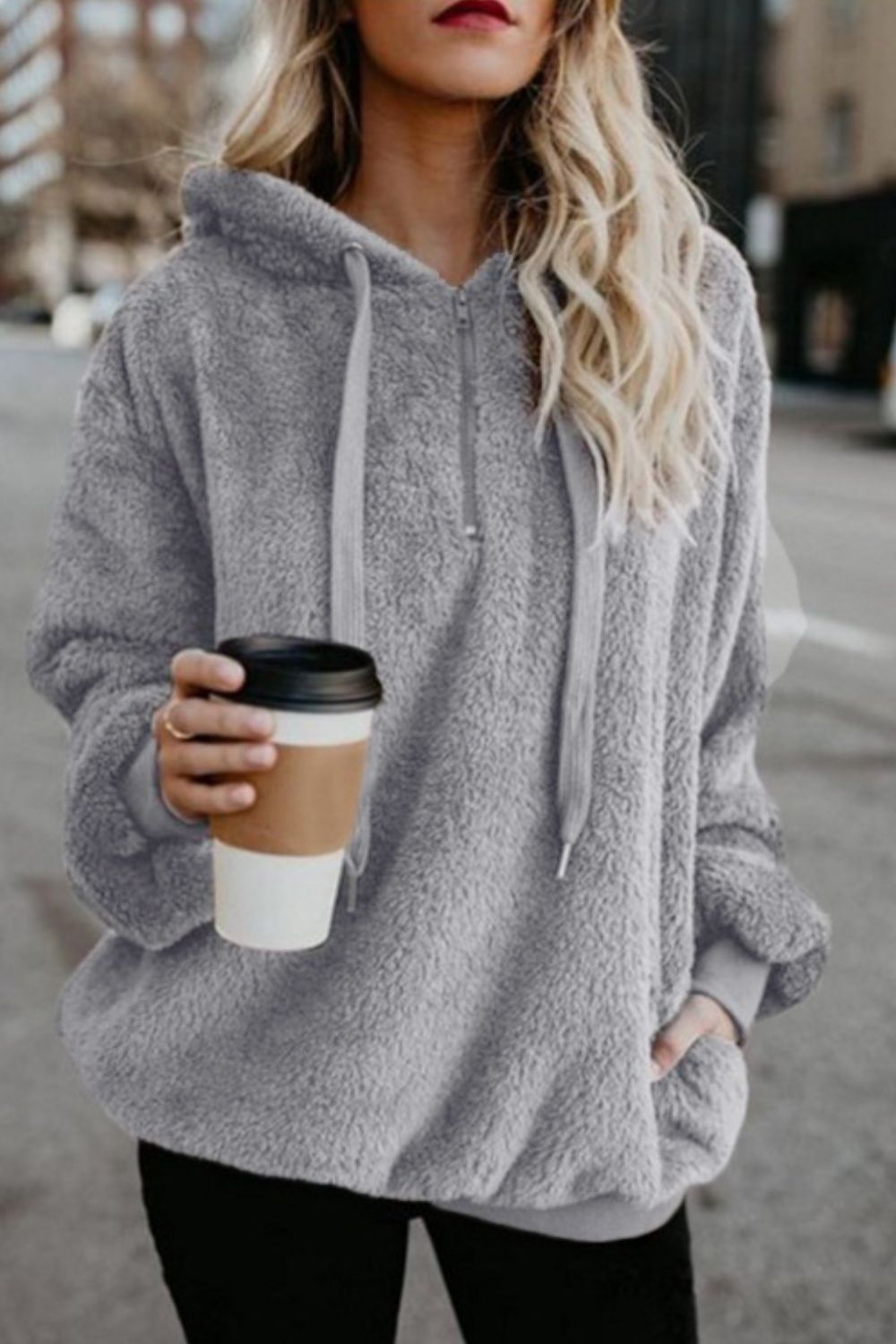 Full-Size Teddy Quarter-Zip Hoodie with Drawstring and Pocket