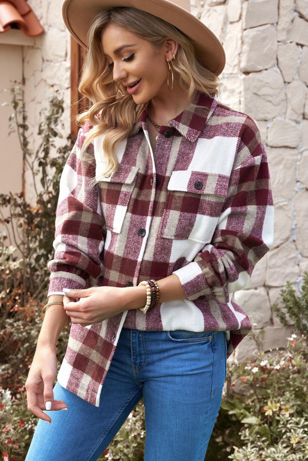 Casual Plaid Dropped Shoulder Pocket Buttoned Shacket for Everyday Wear