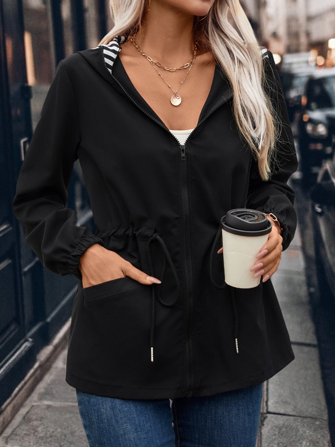 Stylish Drawstring Zip - Up Hooded Jacket with Convenient Pockets